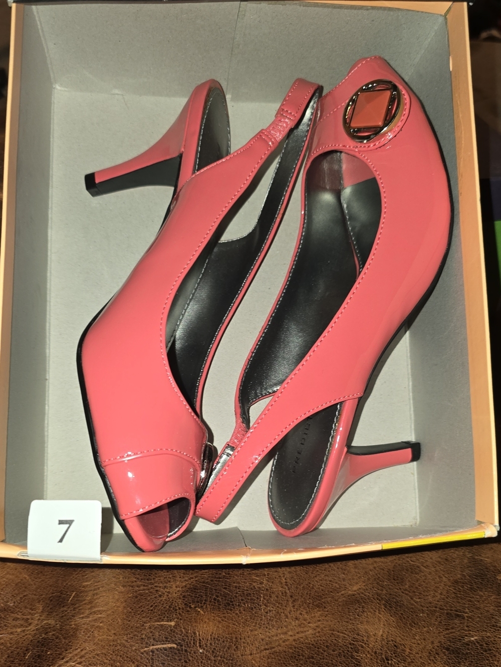 Womens 7 Predictions Coral Pink Peep-Toe Slingback Heels with Buckle
